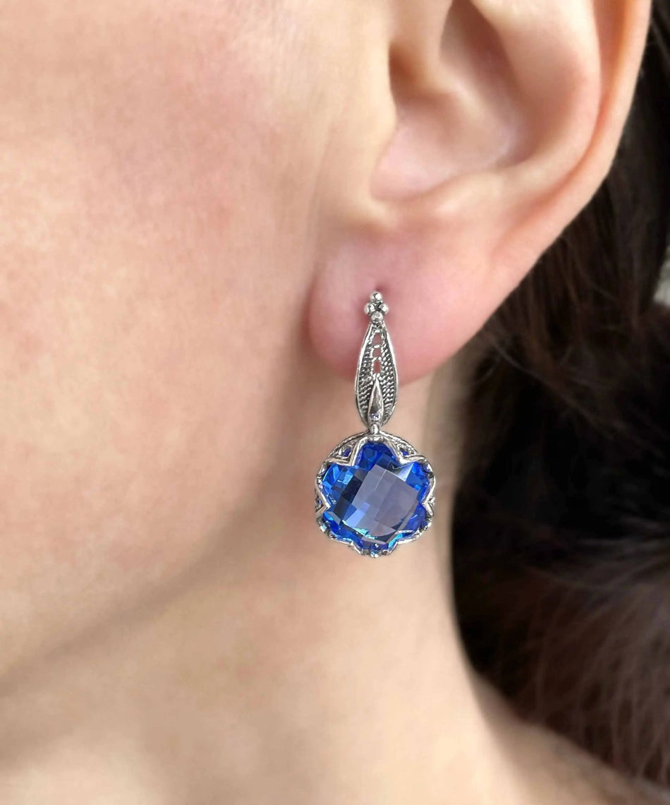 Exquisite Filigree Flower Design Blue Quartz Sterling Silver Dangle Earrings - Drakoi Marketplace