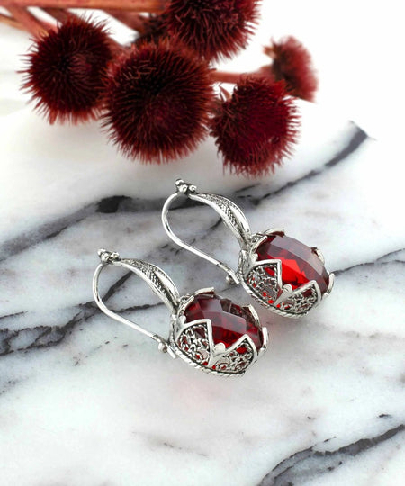 Exquisite Filigree Flower Motif Ruby Gemstone Sterling Silver Woman Drop Earrings - Drakoi Marketplace