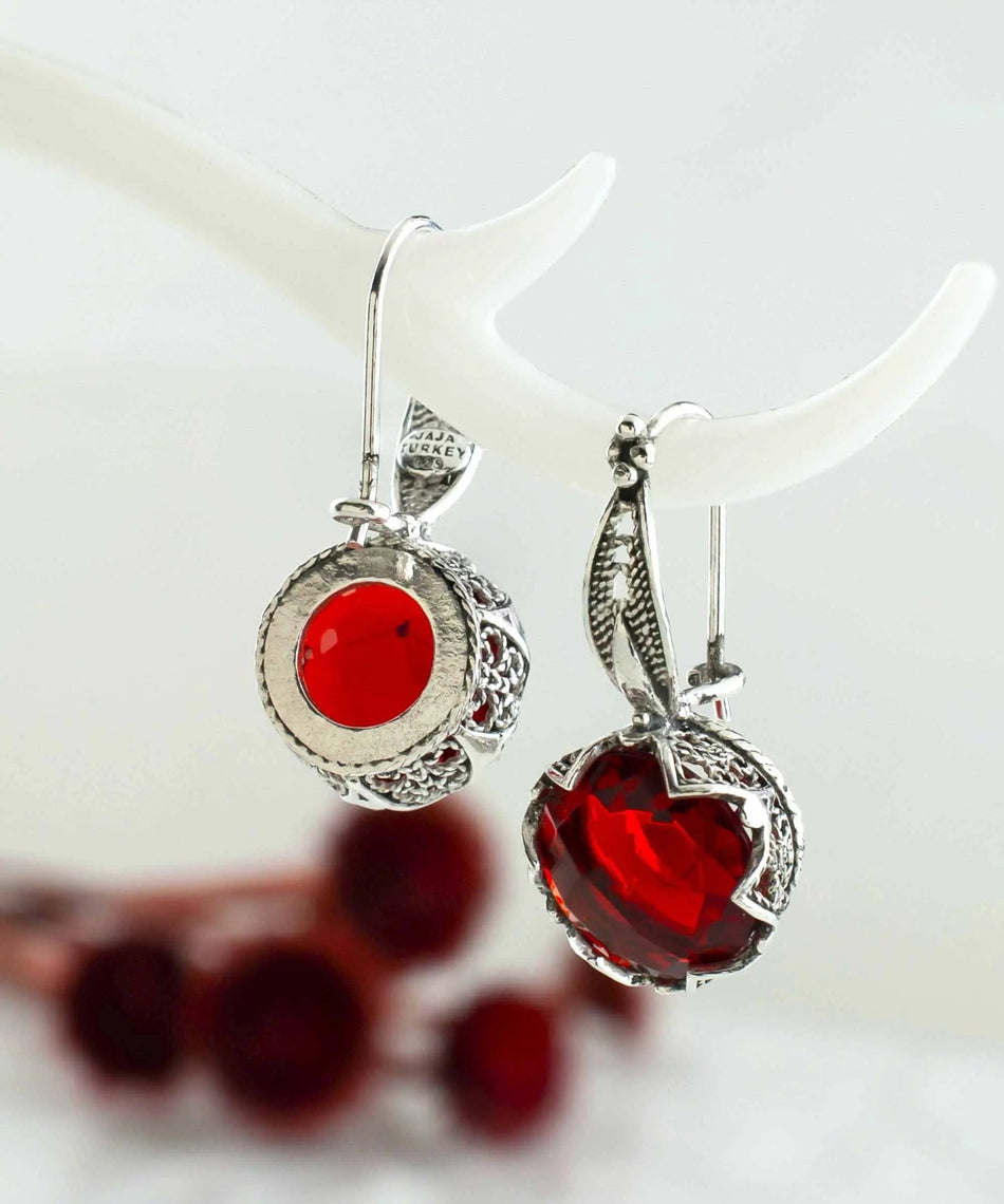 Exquisite Filigree Flower Motif Ruby Gemstone Sterling Silver Woman Drop Earrings - Drakoi Marketplace