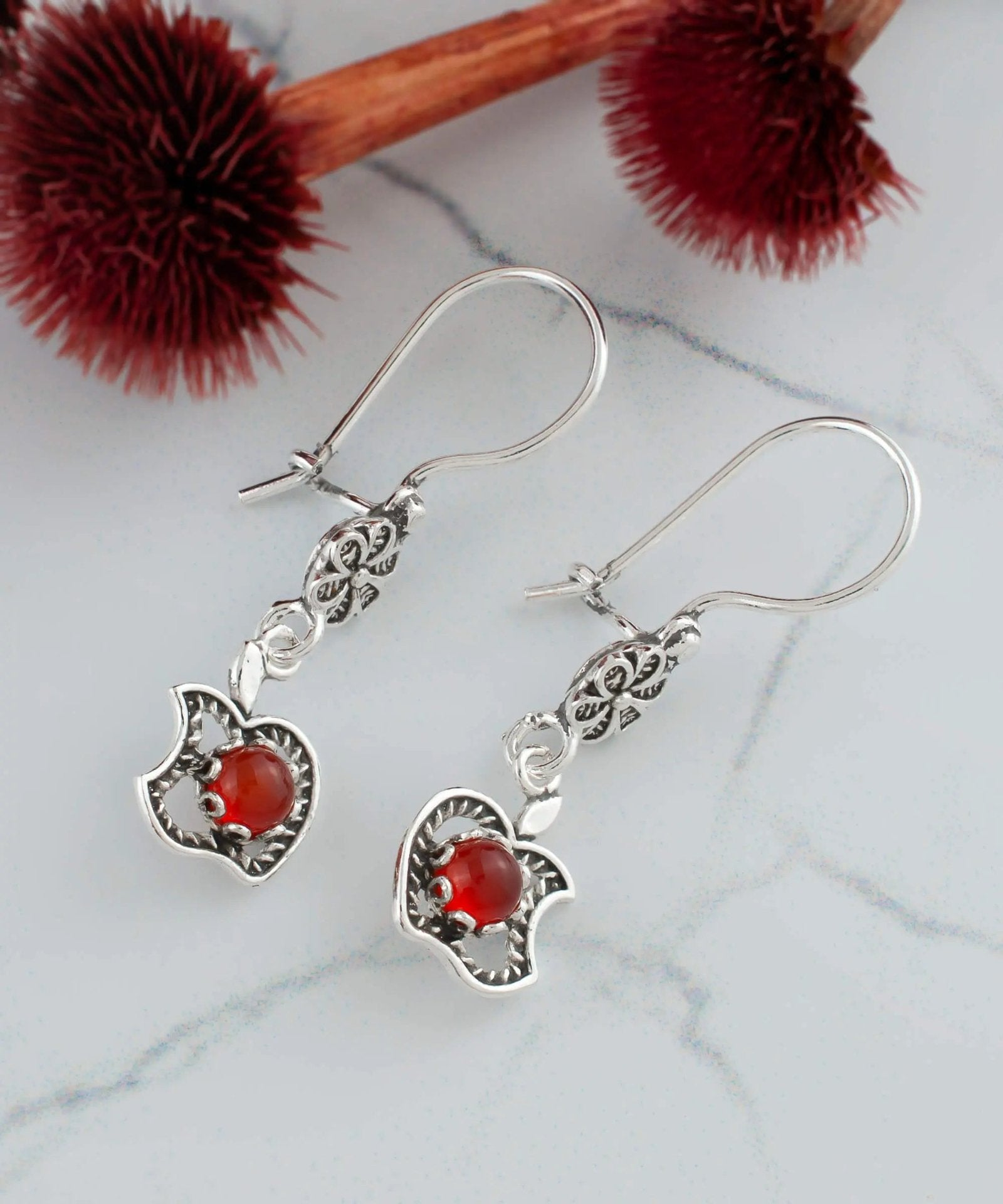 Filigree Apple Design Gemstone Women Silver Dangle Earrings - Drakoi Marketplace