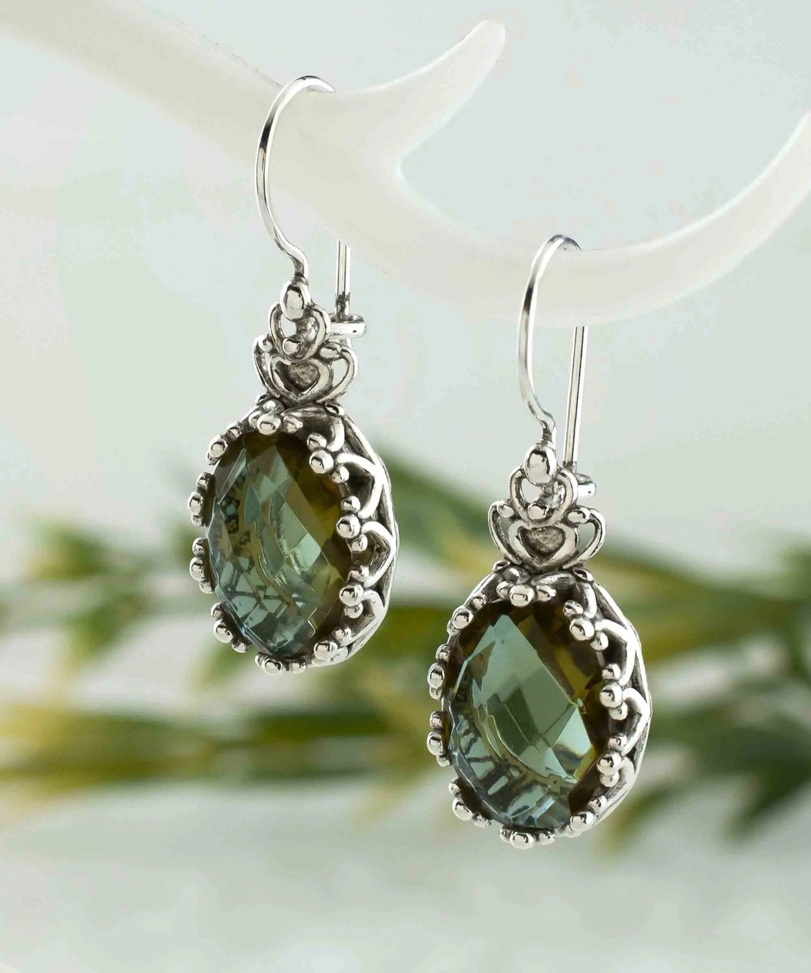 Filigree Art Alexandrite Gemstone Crown Figured Women Silver Oval Drop Earrings - Drakoi Marketplace