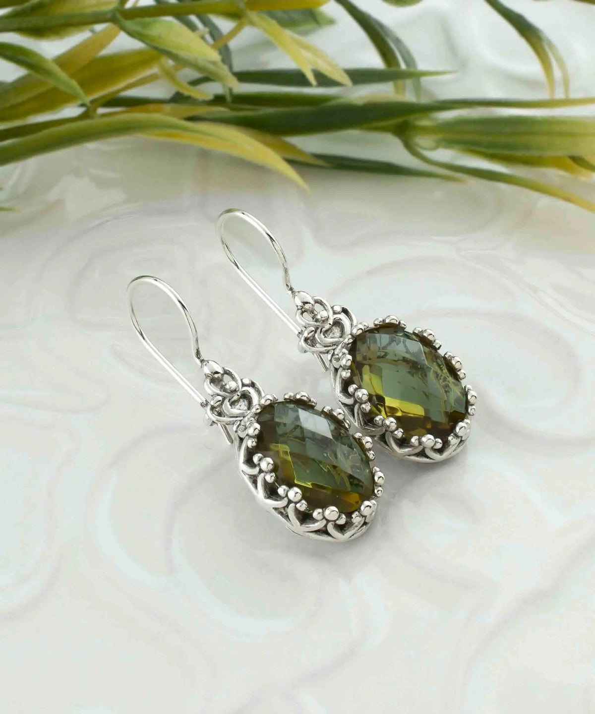 Filigree Art Alexandrite Gemstone Crown Figured Women Silver Oval Drop Earrings - Drakoi Marketplace