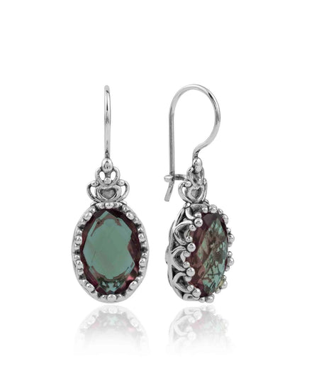 Filigree Art Alexandrite Gemstone Crown Figured Women Silver Oval Drop Earrings - Drakoi Marketplace