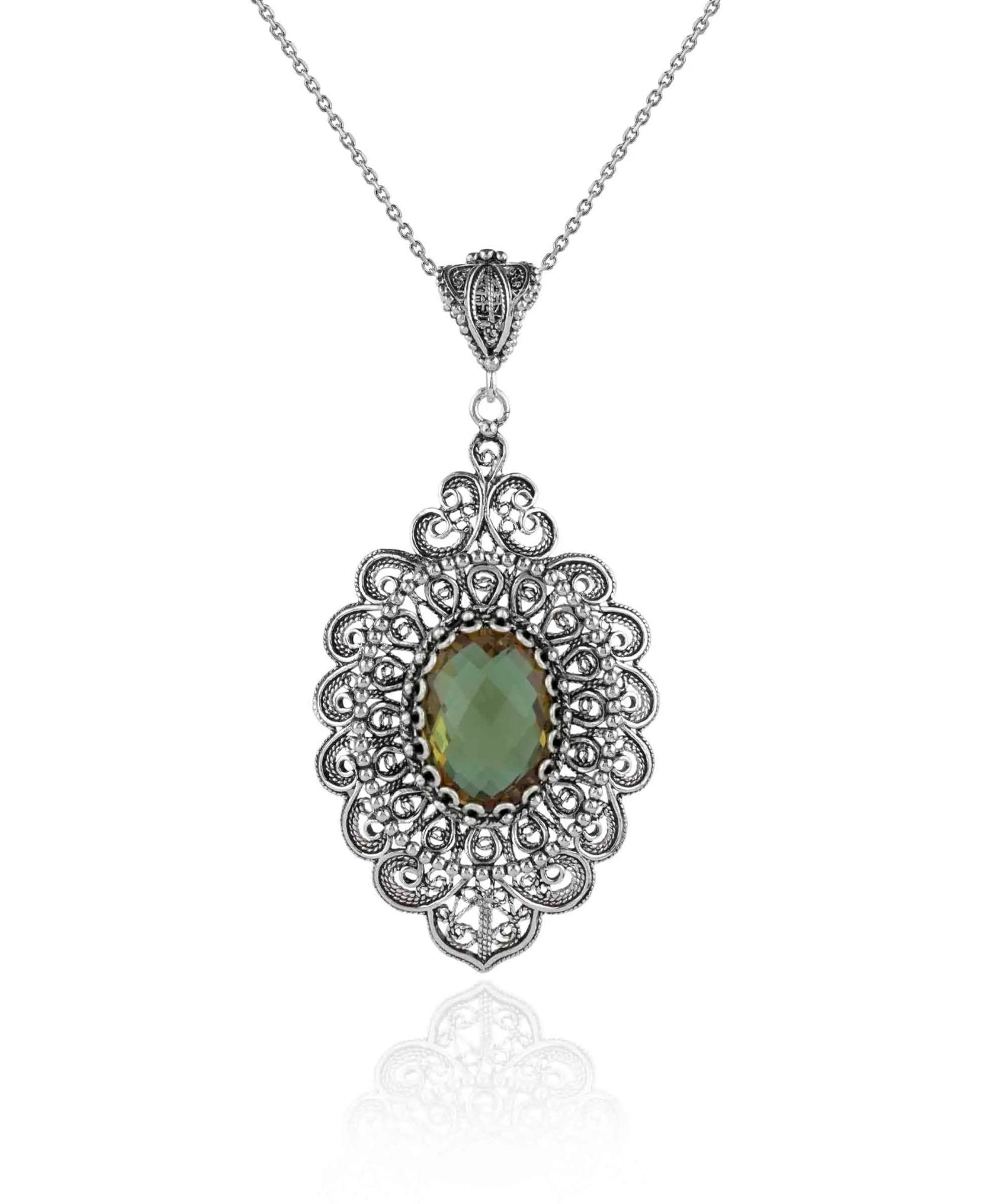 Filigree Art Alexandrite Gemstone Floral Figured Women Silver Oval Pendant Necklace - Drakoi Marketplace