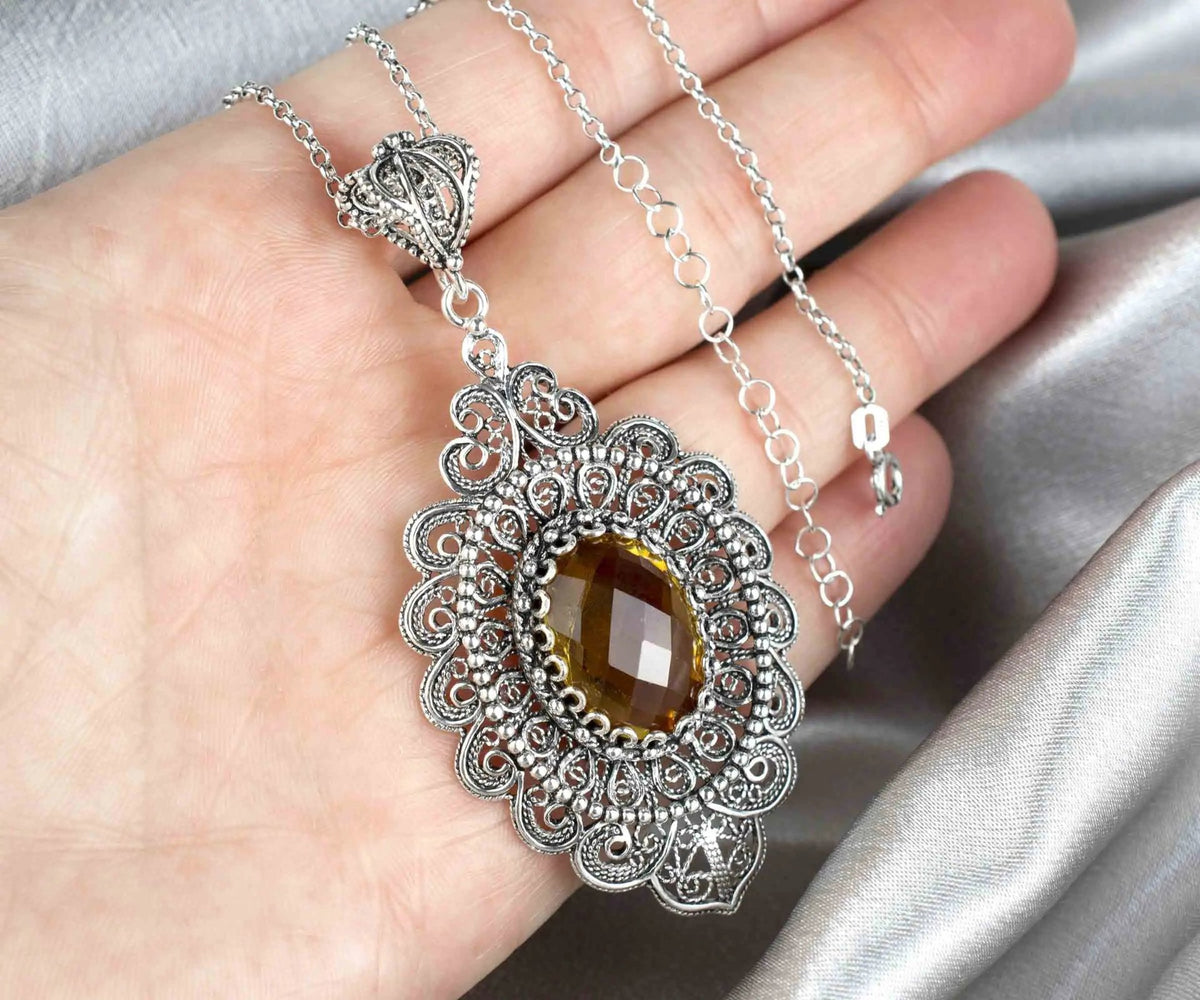 Filigree Art Alexandrite Gemstone Floral Figured Women Silver Oval Pendant Necklace - Drakoi Marketplace