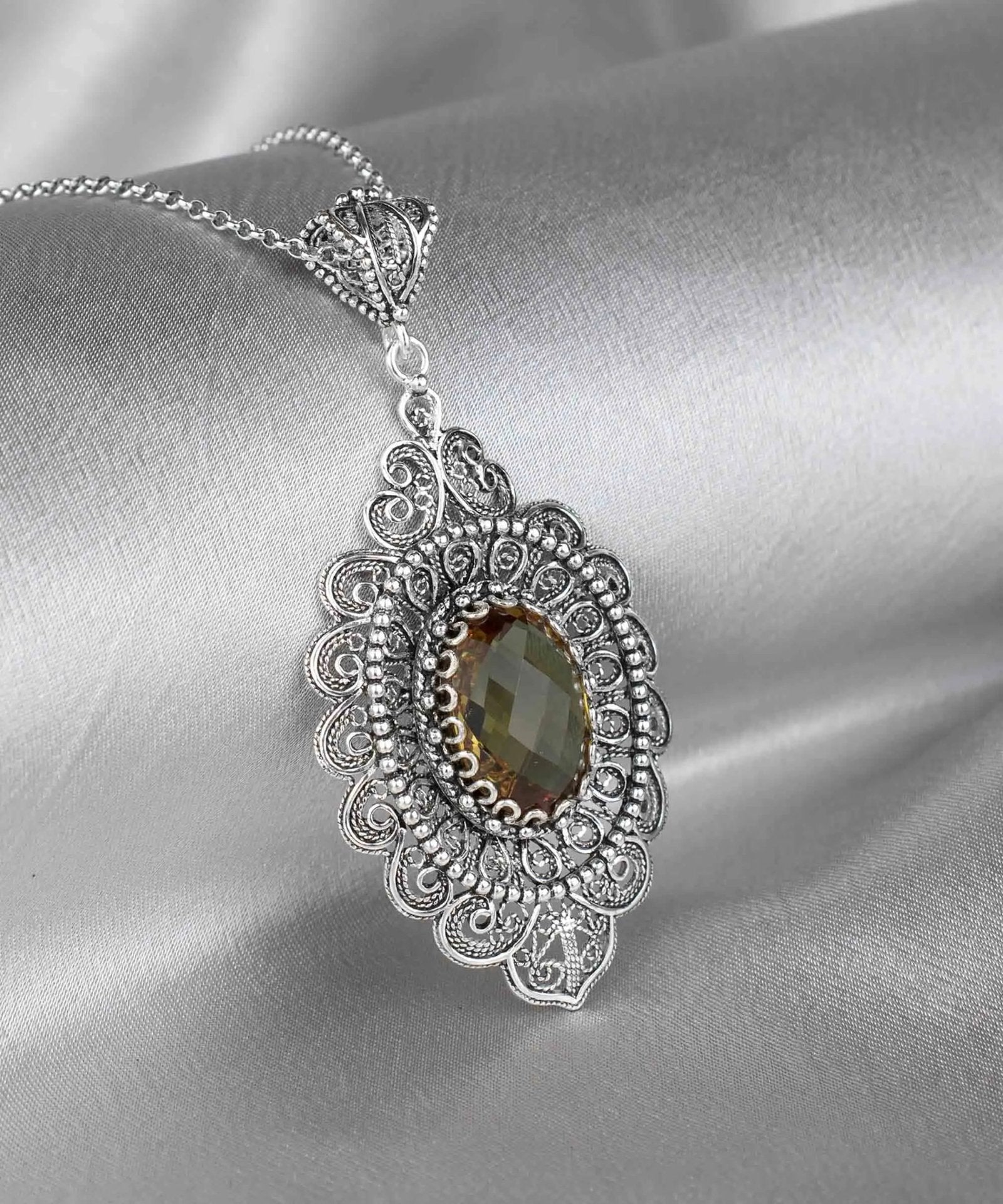 Filigree Art Alexandrite Gemstone Floral Figured Women Silver Oval Pendant Necklace - Drakoi Marketplace