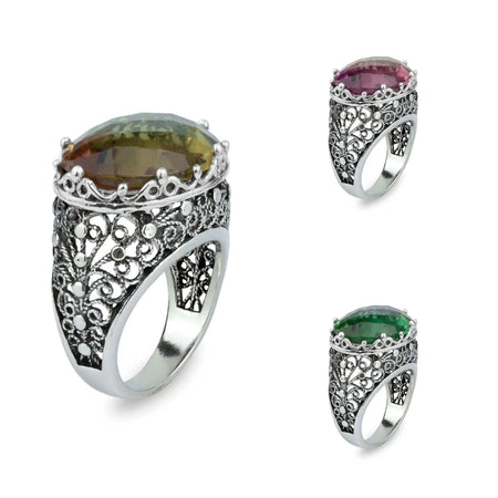 Filigree Art Alexandrite Gemstone Women Silver Dome Statement Ring - Drakoi Marketplace