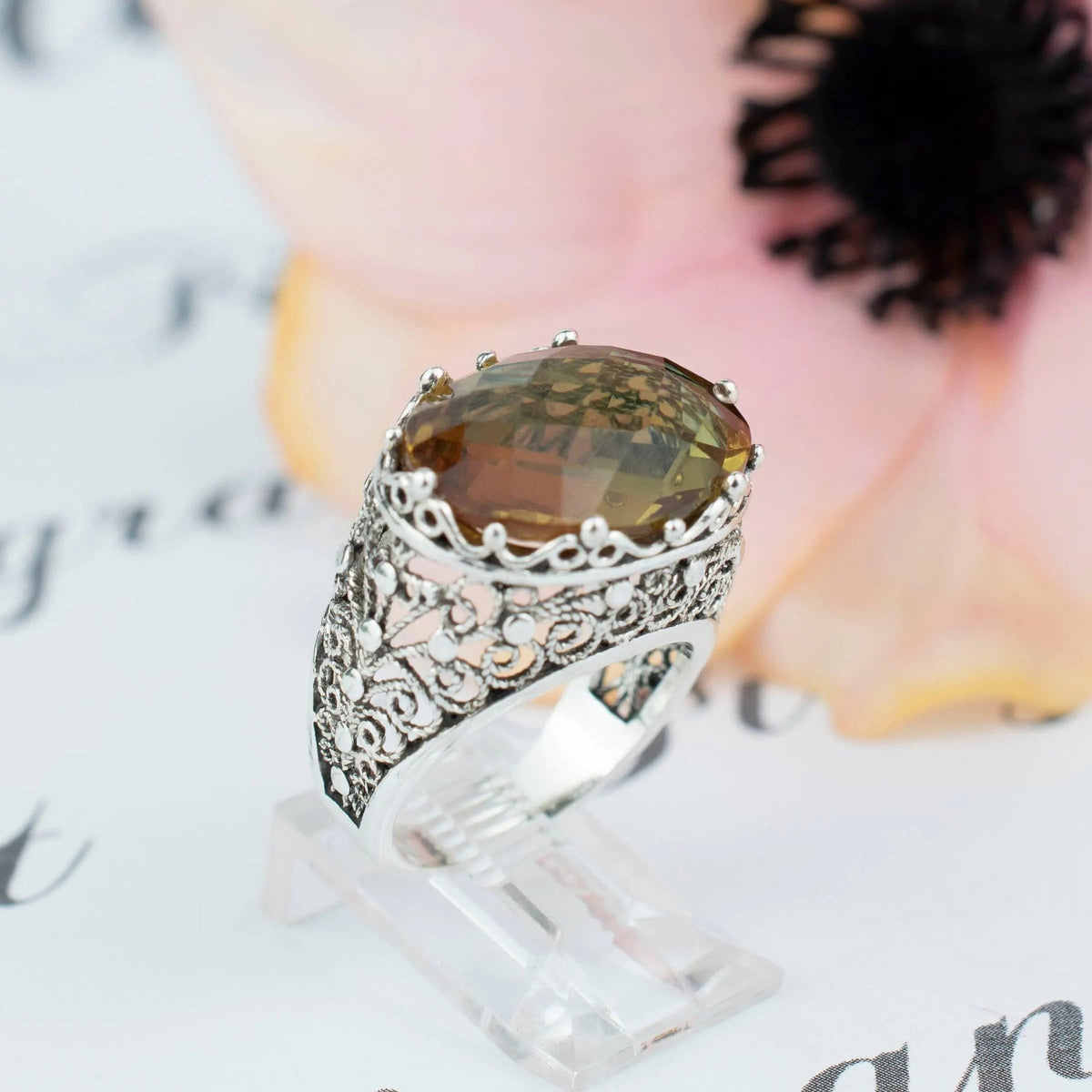 Filigree Art Alexandrite Gemstone Women Silver Dome Statement Ring - Drakoi Marketplace