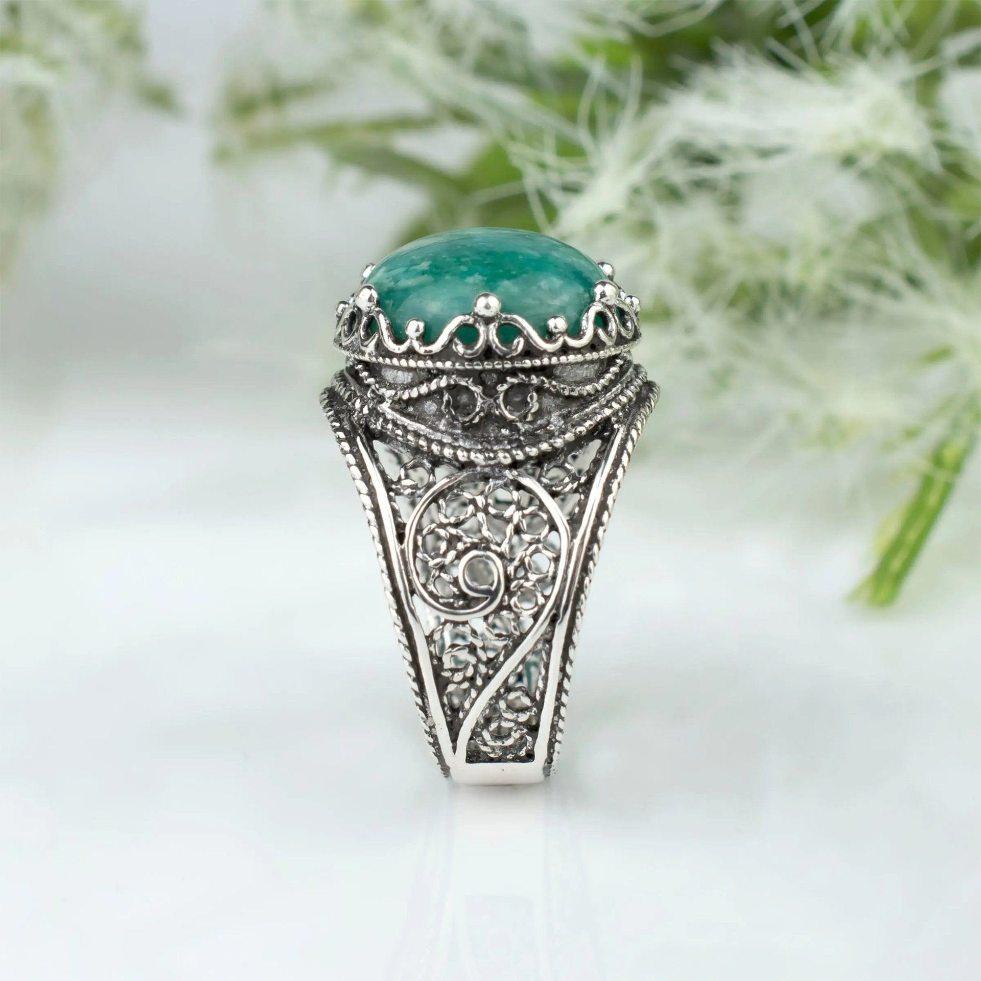 Filigree Art Amazonite Gemstone Crown Design Women Silver Statement Ring - Drakoi Marketplace