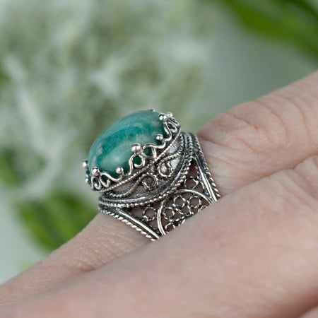 Filigree Art Amazonite Gemstone Crown Design Women Silver Statement Ring - Drakoi Marketplace