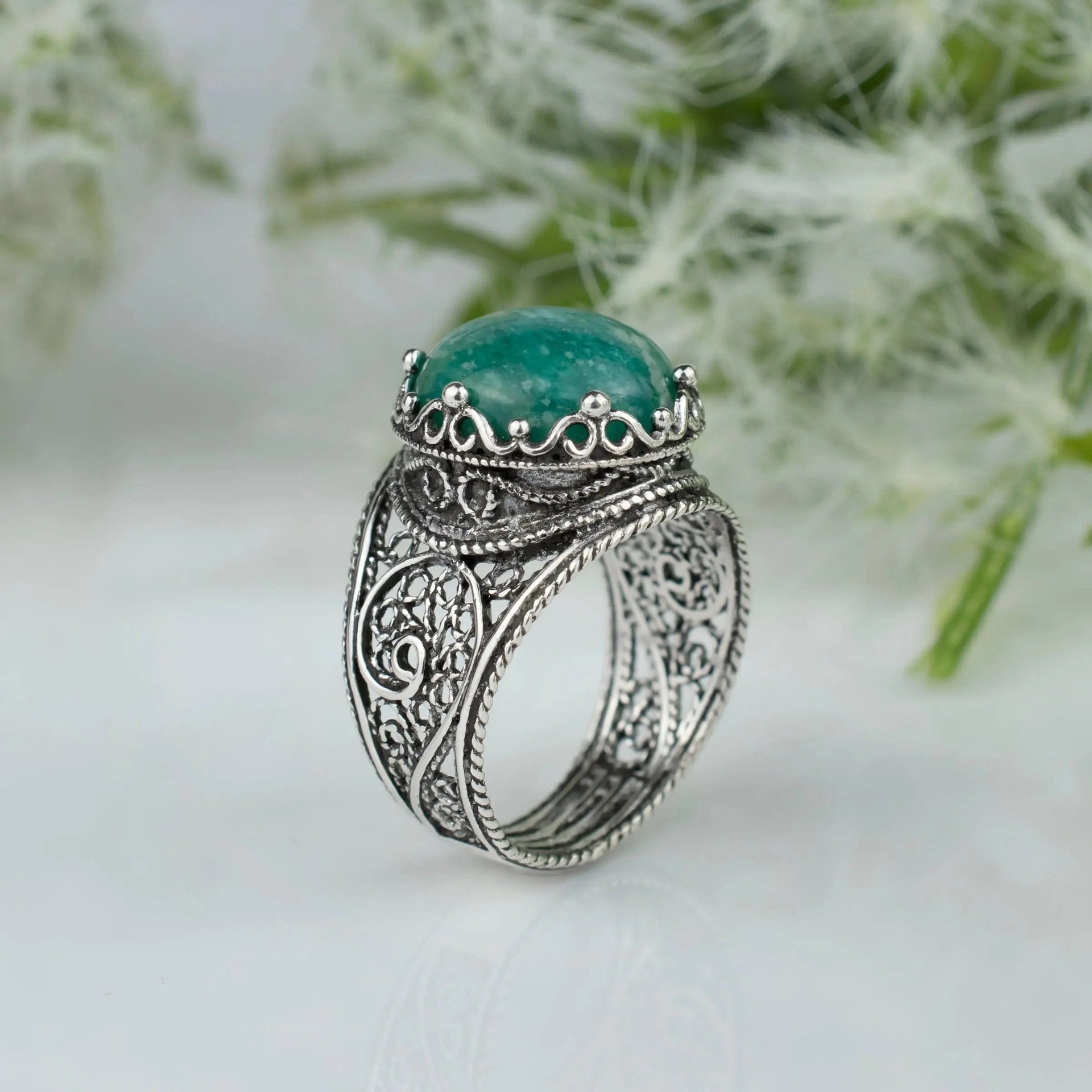 Filigree Art Amazonite Gemstone Crown Design Women Silver Statement Ring - Drakoi Marketplace