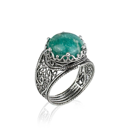 Filigree Art Amazonite Gemstone Crown Design Women Silver Statement Ring - Drakoi Marketplace