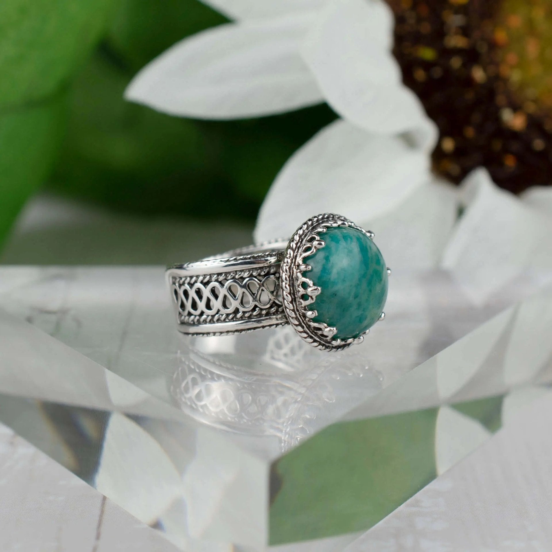 Filigree Art Amazonite Gemstone Woman Silver Cocktail Ring - Drakoi Marketplace