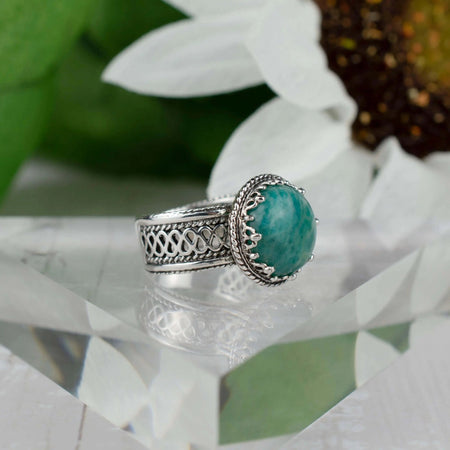 Filigree Art Amazonite Gemstone Woman Silver Cocktail Ring - Drakoi Marketplace