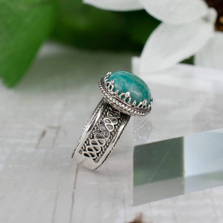 Filigree Art Amazonite Gemstone Woman Silver Cocktail Ring - Drakoi Marketplace