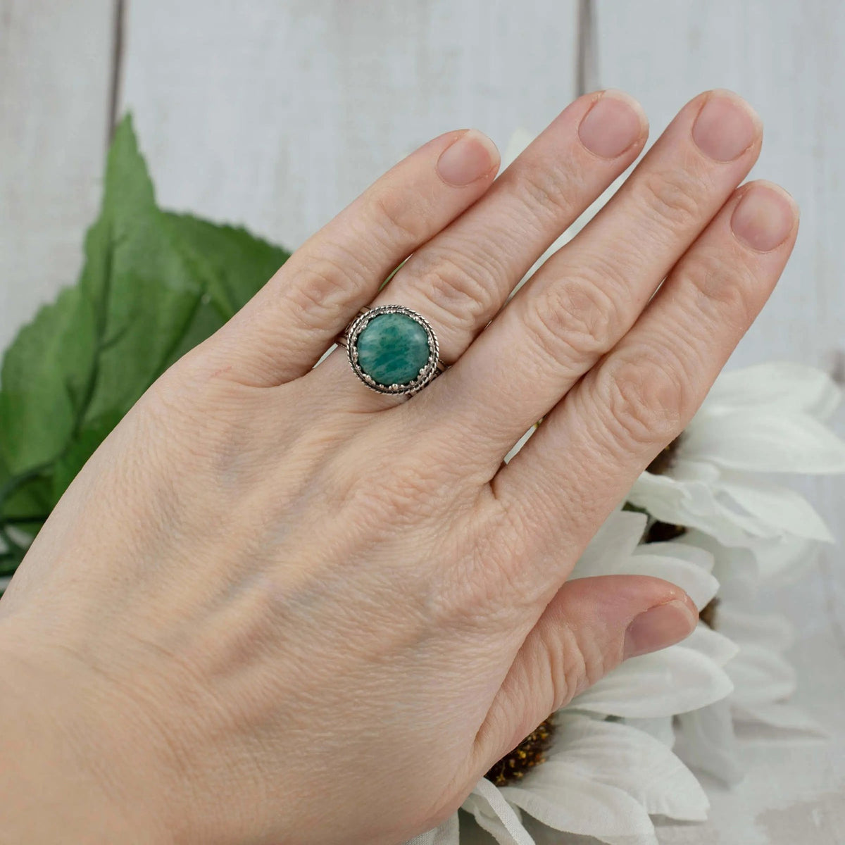 Filigree Art Amazonite Gemstone Woman Silver Cocktail Ring - Drakoi Marketplace