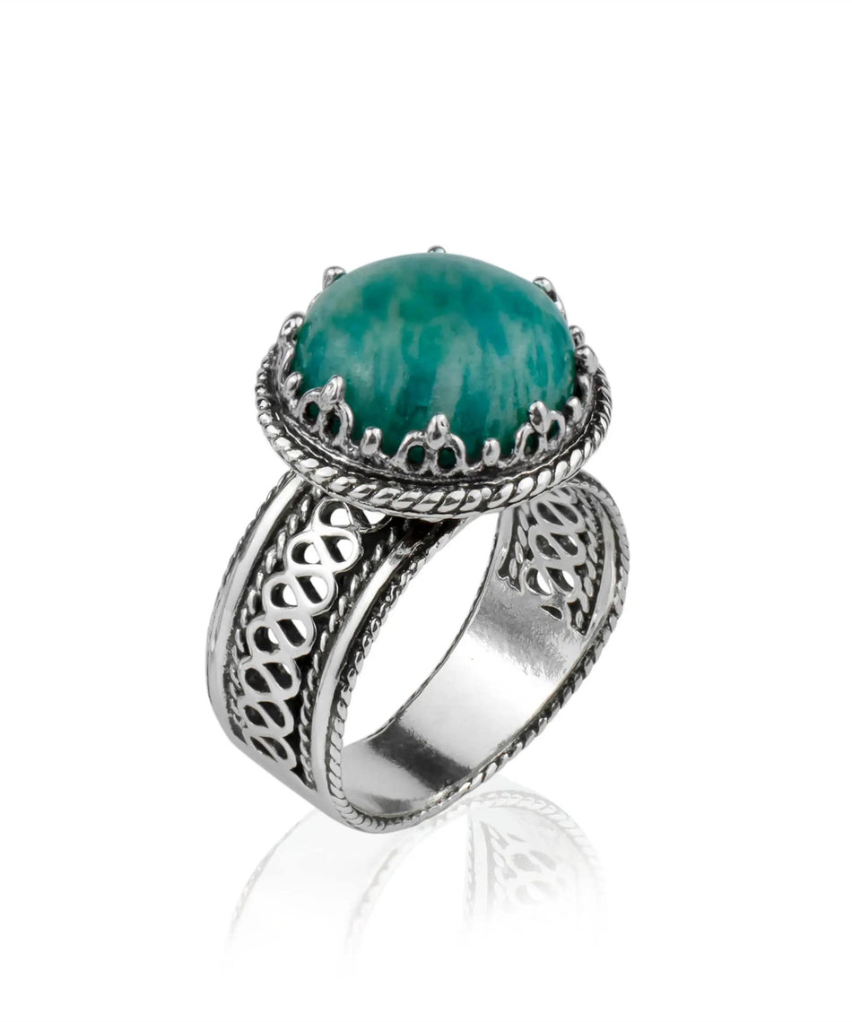 Filigree Art Amazonite Gemstone Woman Silver Cocktail Ring - Drakoi Marketplace