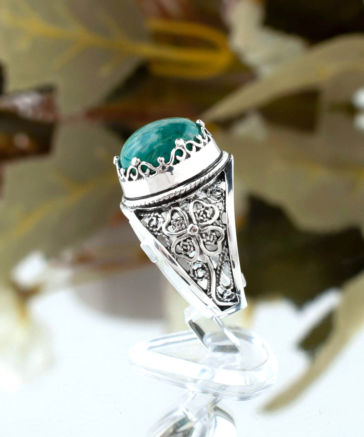 Filigree Art Amazonite Gemstone Women Crown Silver Statement Ring - Drakoi Marketplace