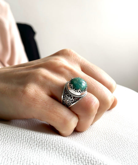 Filigree Art Amazonite Gemstone Women Crown Silver Statement Ring - Drakoi Marketplace