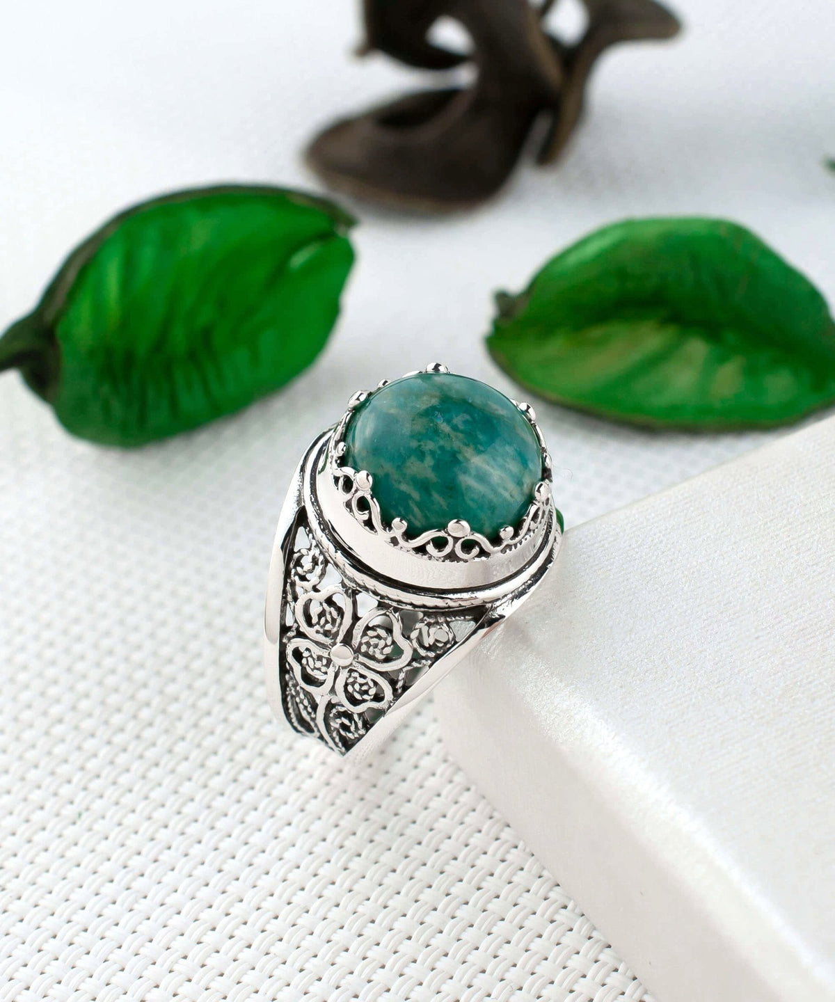 Filigree Art Amazonite Gemstone Women Crown Silver Statement Ring - Drakoi Marketplace