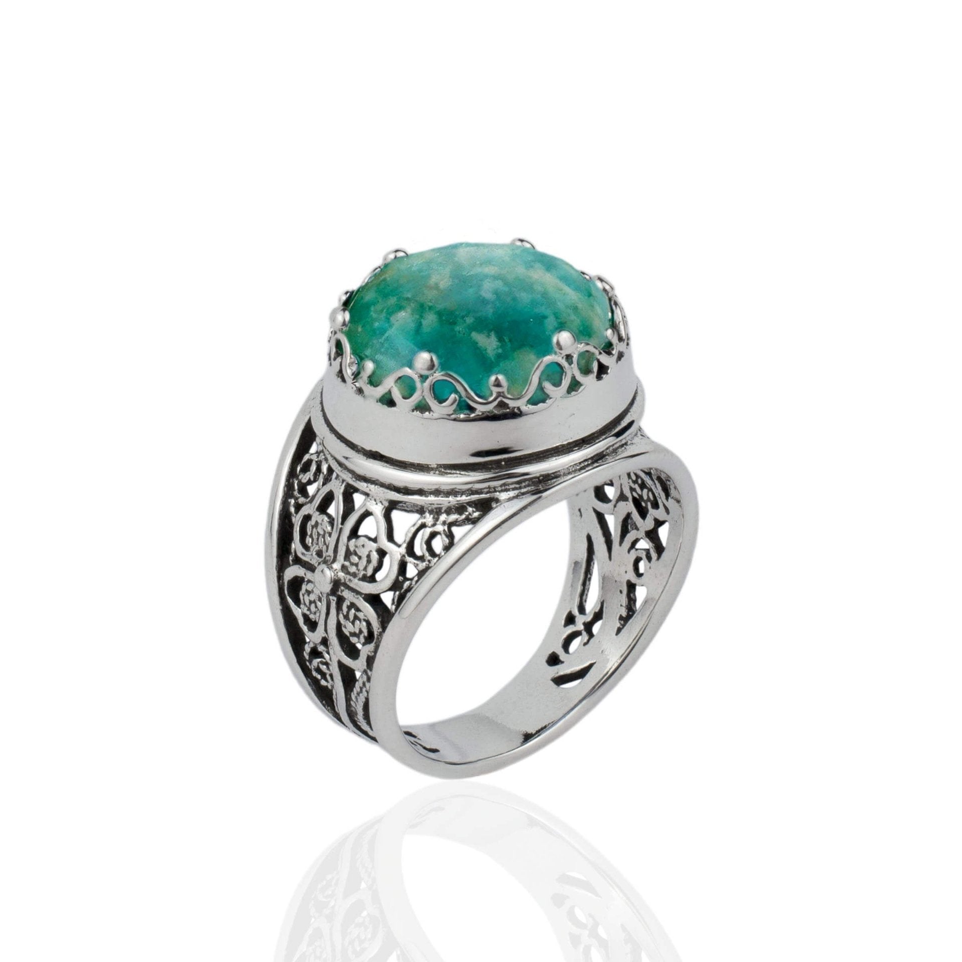 Filigree Art Amazonite Gemstone Women Crown Silver Statement Ring - Drakoi Marketplace