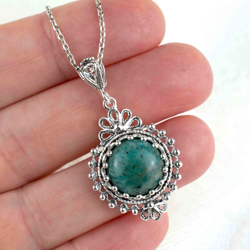 Filigree Art Amazonite Gemstone Women Silver Boho Pendant Necklace - Drakoi Marketplace