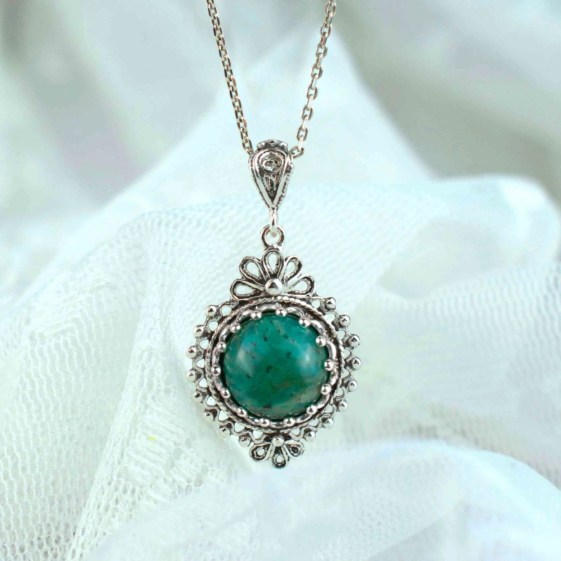 Filigree Art Amazonite Gemstone Women Silver Boho Pendant Necklace - Drakoi Marketplace