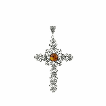 Filigree Art Amber Stone Silver Cross Design Women Pendant Necklace - Drakoi Marketplace