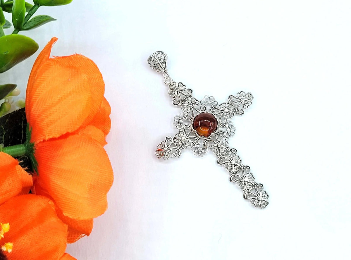 Filigree Art Amber Stone Silver Cross Design Women Pendant Necklace - Drakoi Marketplace