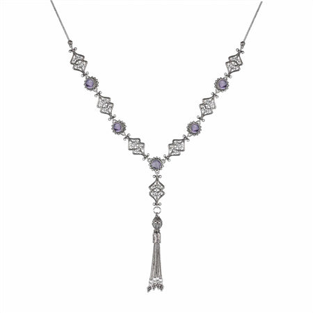 Filigree Art Amethyst / Blue Topaz Gemstone Women Silver Tassel Choker Necklace - Drakoi Marketplace