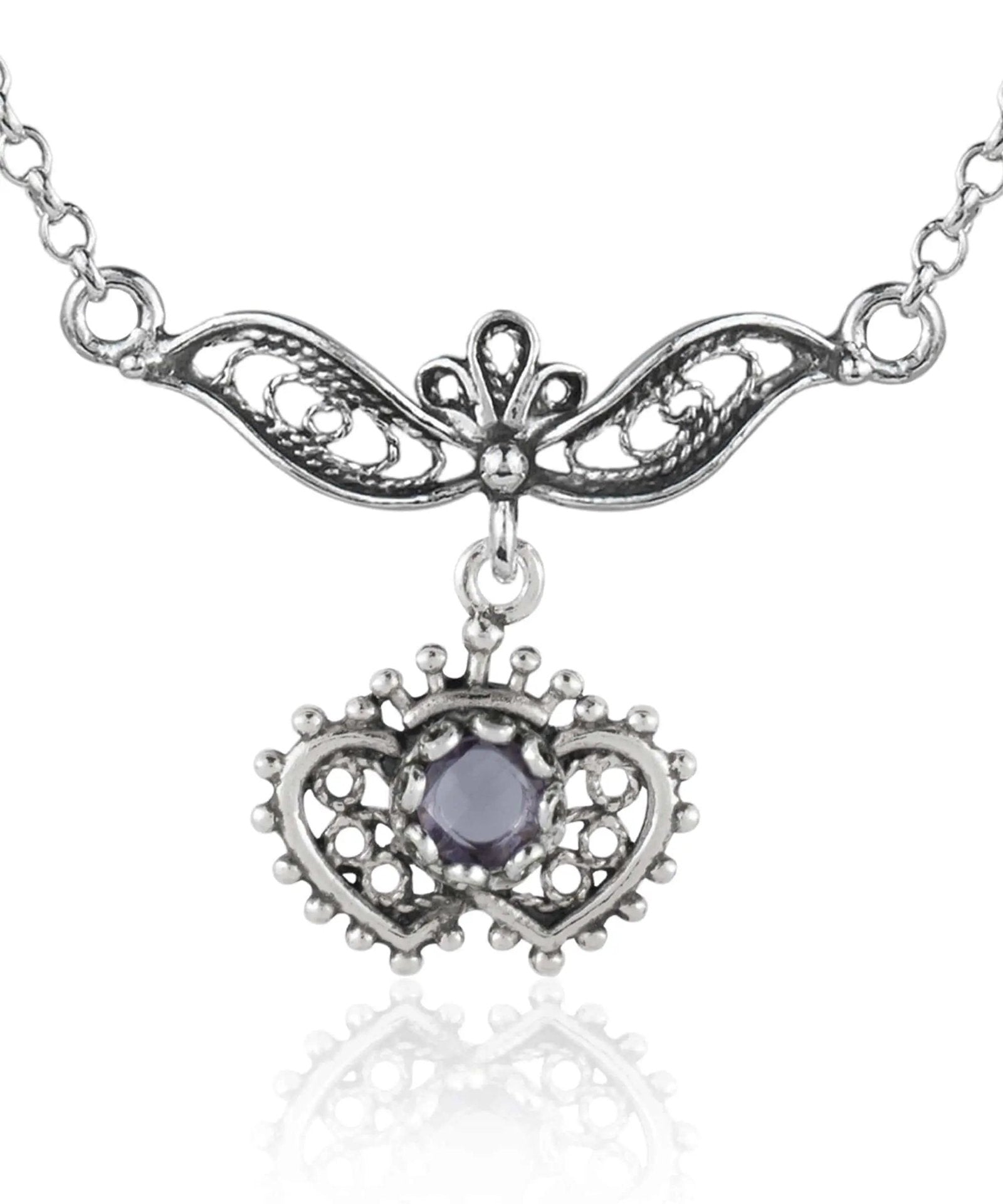 Filigree Art Amethyst / Blue Topaz Heart to Heart Design Women Silver Choker Necklace - Drakoi Marketplace