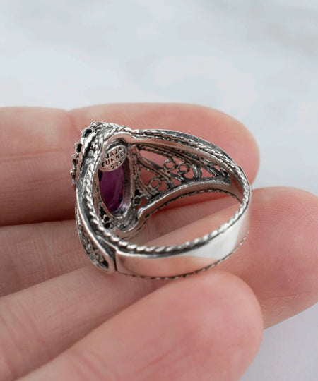 Filigree Art Amethyst Gemstone Angel Design Women Silver Cocktail Ring - Drakoi Marketplace