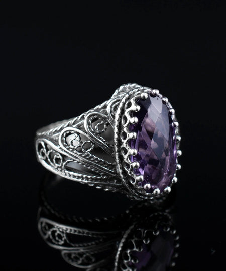 Filigree Art Amethyst Gemstone Angel Design Women Silver Cocktail Ring - Drakoi Marketplace