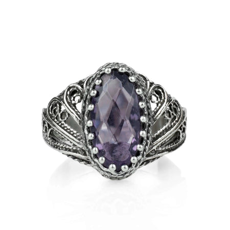 Filigree Art Amethyst Gemstone Angel Design Women Silver Cocktail Ring - Drakoi Marketplace