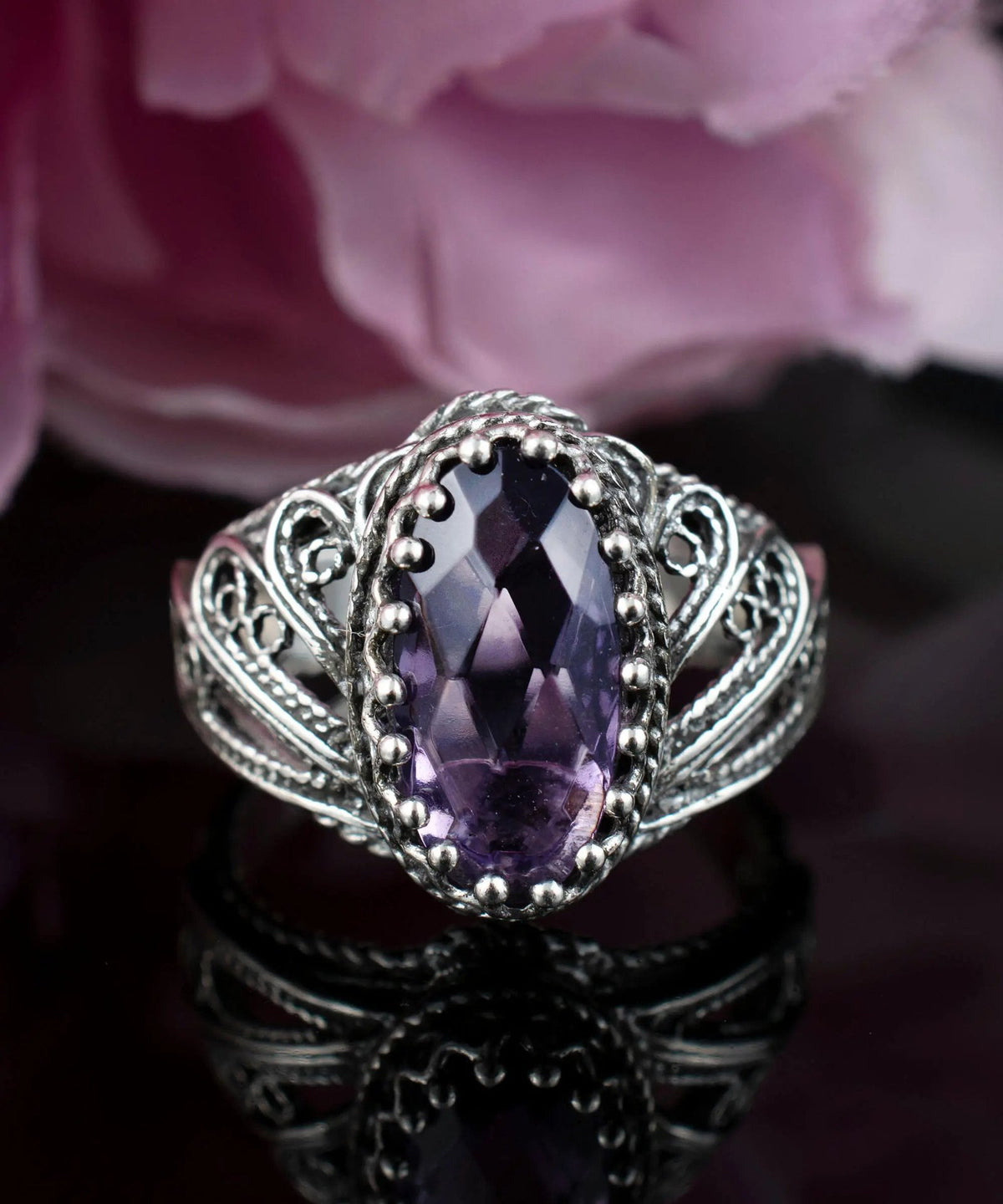 Filigree Art Amethyst Gemstone Angel Design Women Silver Cocktail Ring - Drakoi Marketplace