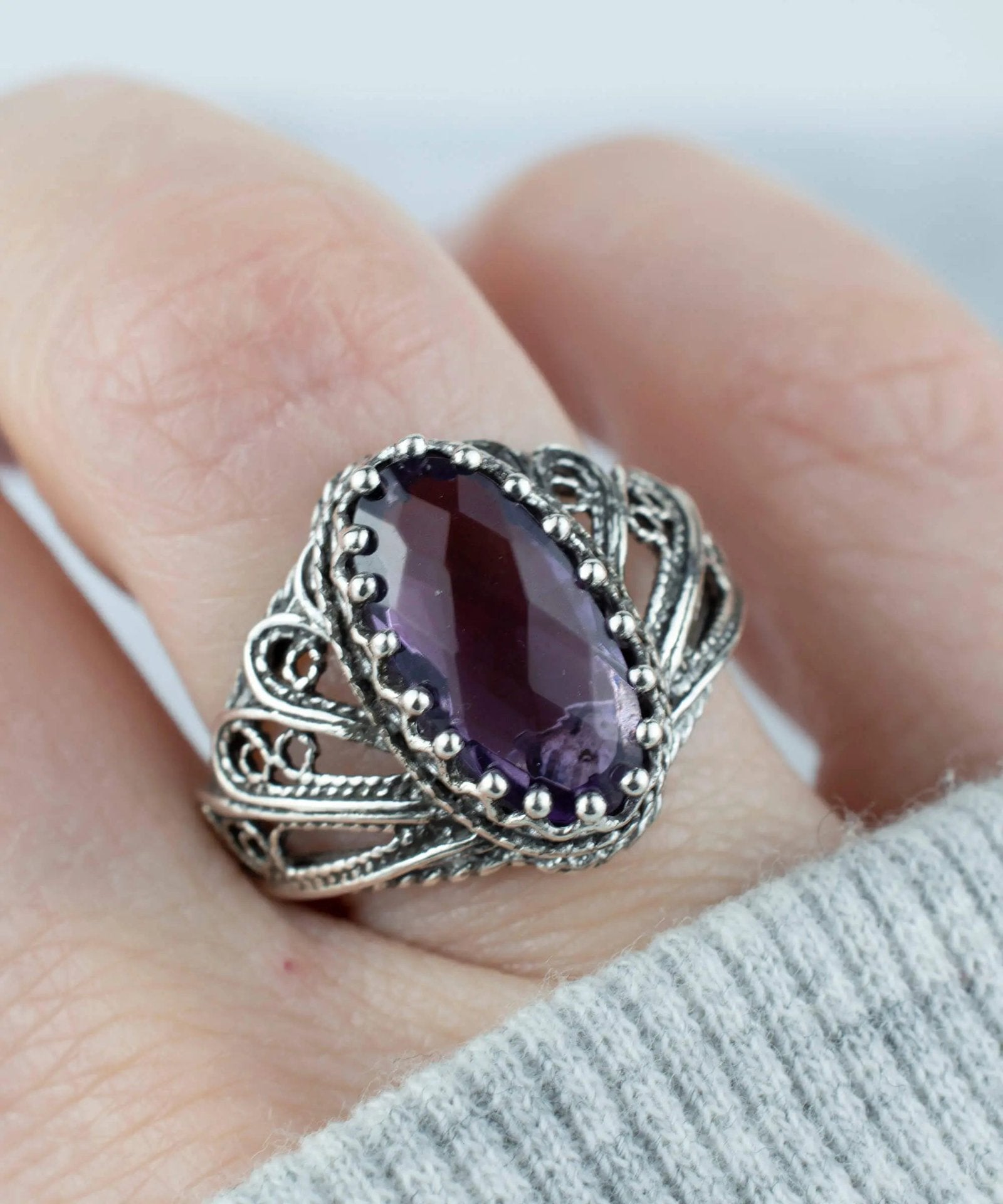 Filigree Art Amethyst Gemstone Angel Design Women Silver Cocktail Ring - Drakoi Marketplace