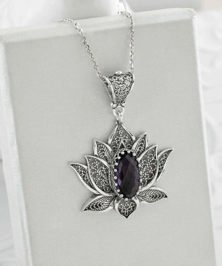 Filigree Art Amethyst Gemstone Blossoming Lotus Flower Women Silver Pendant Necklace - Drakoi Marketplace