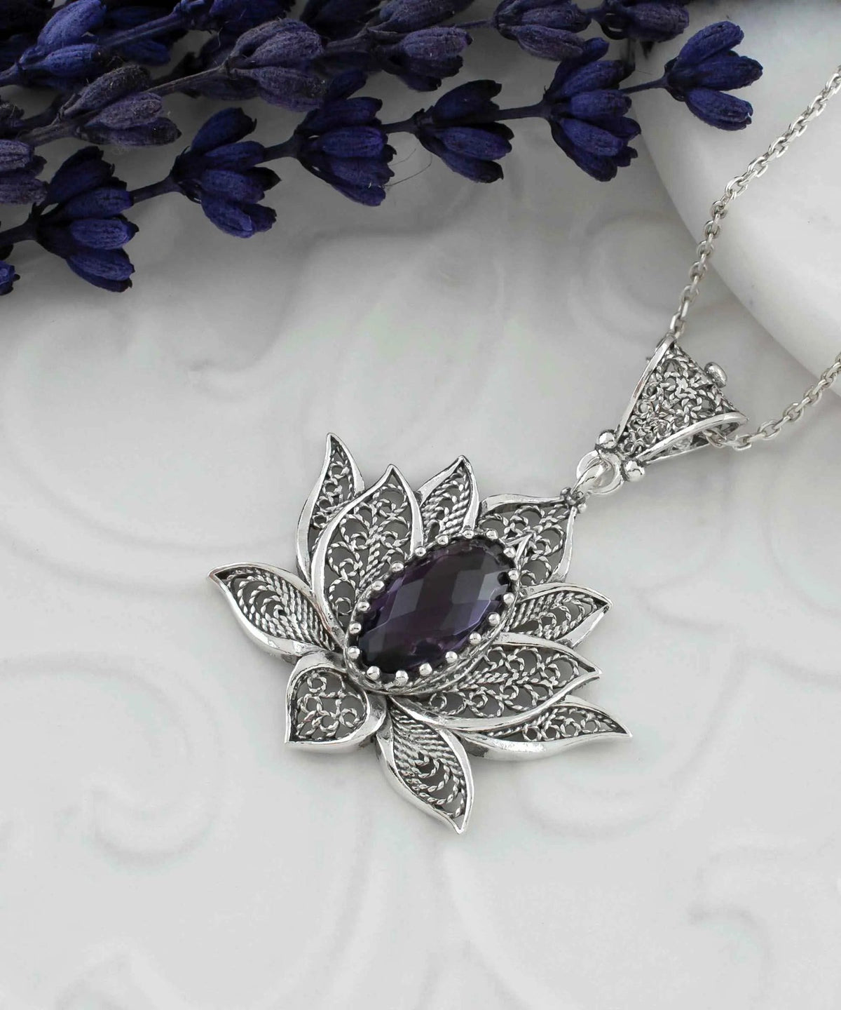 Filigree Art Amethyst Gemstone Blossoming Lotus Flower Women Silver Pendant Necklace - Drakoi Marketplace