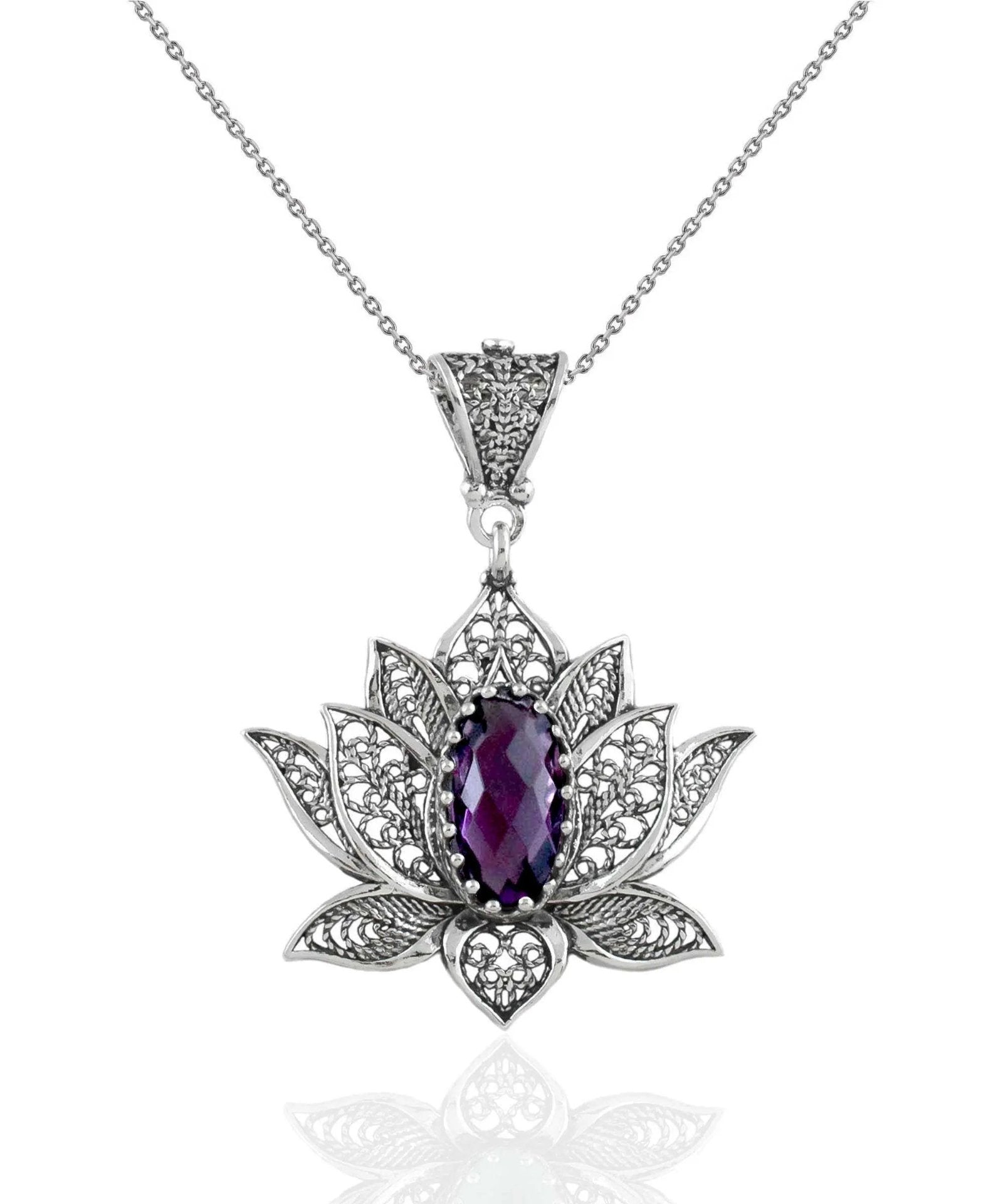 Filigree Art Amethyst Gemstone Blossoming Lotus Flower Women Silver Pendant Necklace - Drakoi Marketplace