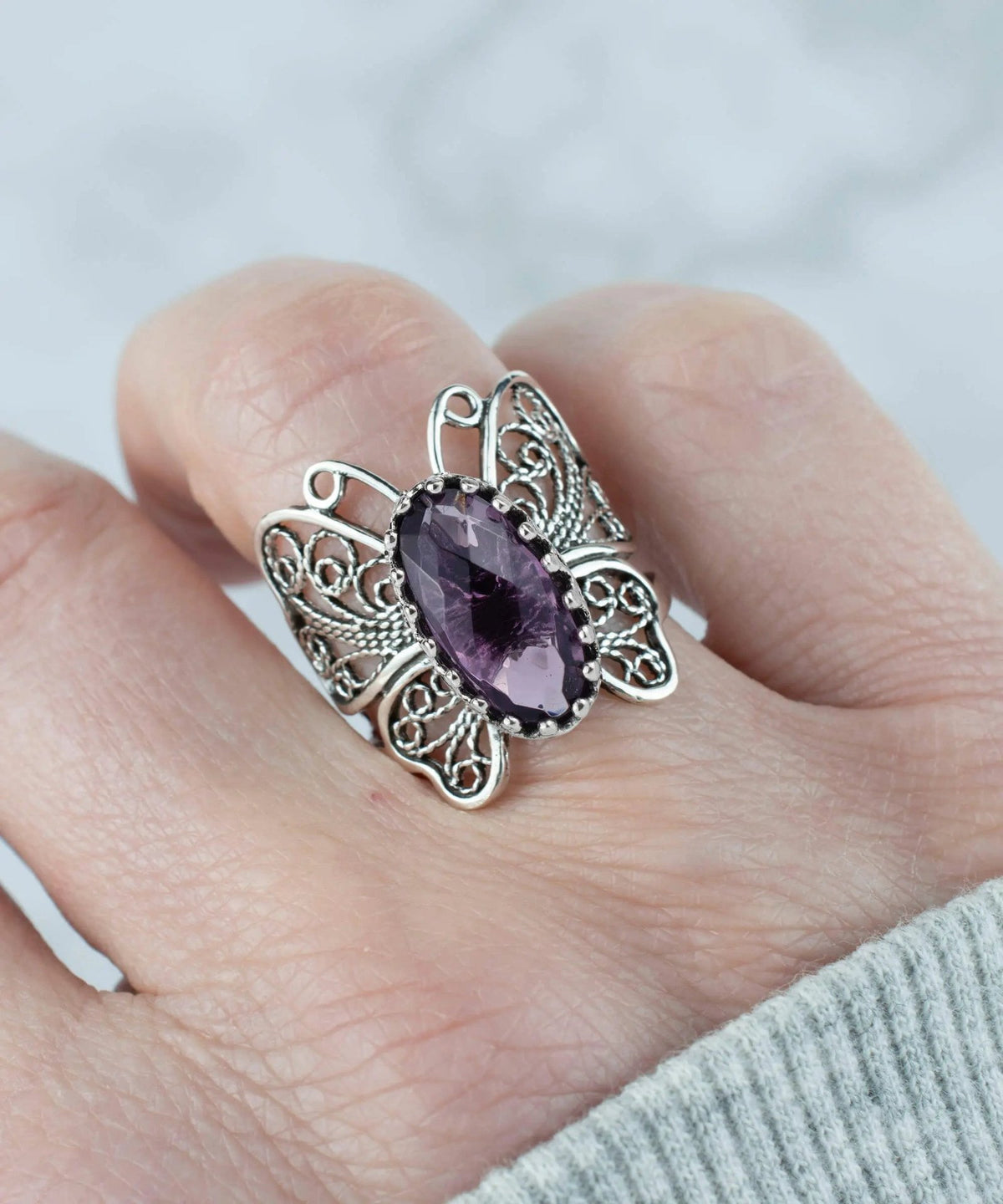 Filigree Art Amethyst Gemstone Butterfly Design Women Silver Cocktail Ring - Drakoi Marketplace