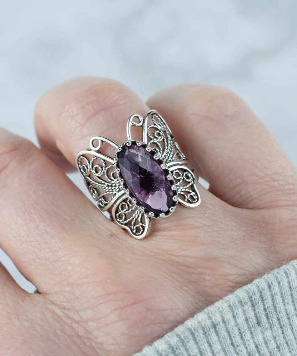 Filigree Art Amethyst Gemstone Butterfly Design Women Silver Cocktail Ring - Drakoi Marketplace