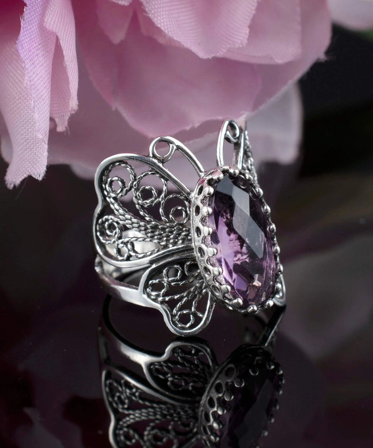 Filigree Art Amethyst Gemstone Butterfly Design Women Silver Cocktail Ring - Drakoi Marketplace