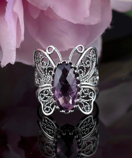 Filigree Art Amethyst Gemstone Butterfly Design Women Silver Cocktail Ring - Drakoi Marketplace