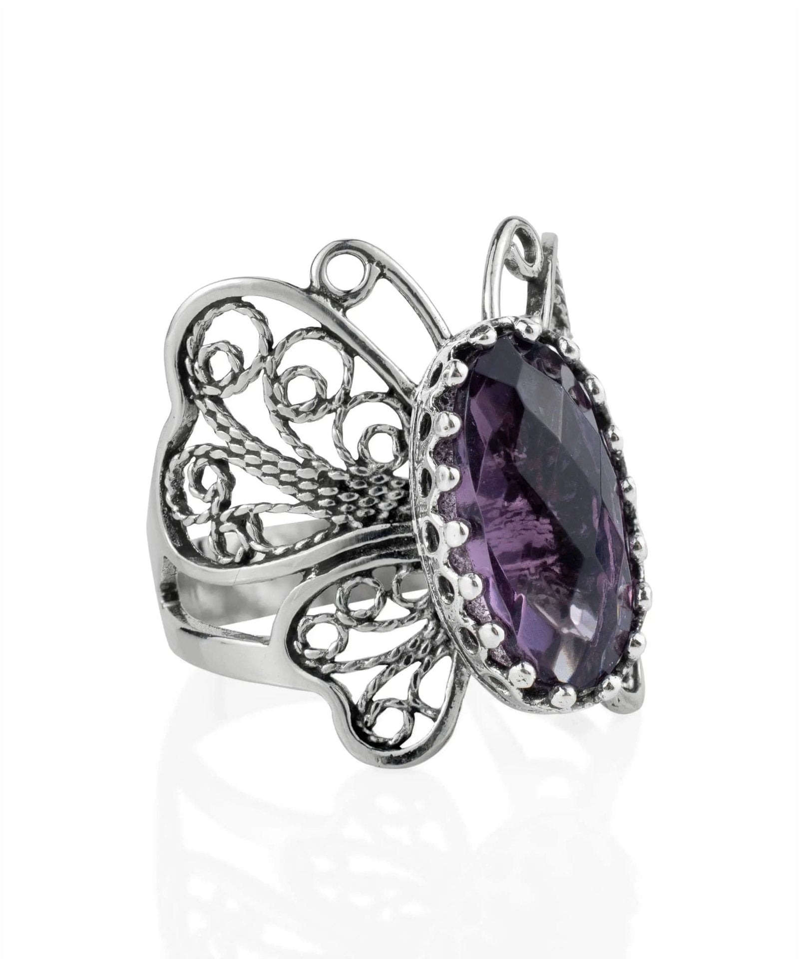 Filigree Art Amethyst Gemstone Butterfly Design Women Silver Cocktail Ring - Drakoi Marketplace