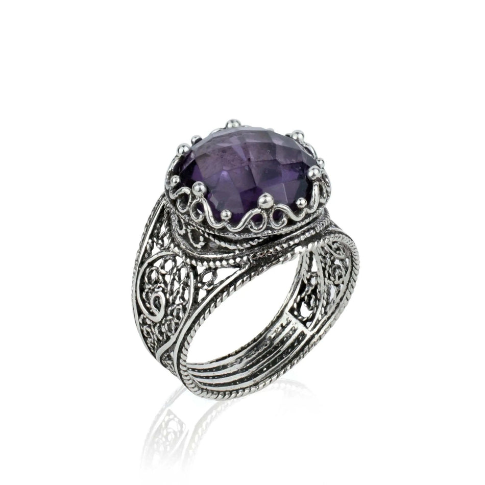 Filigree Art Amethyst Gemstone Crown Design Women Silver Statement Ring - Drakoi Marketplace