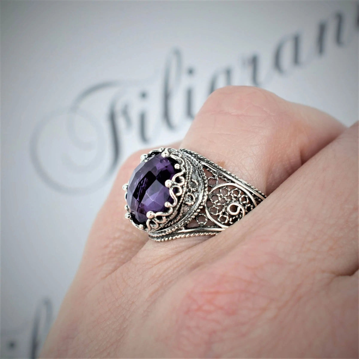 Filigree Art Amethyst Gemstone Crown Design Women Silver Statement Ring - Drakoi Marketplace