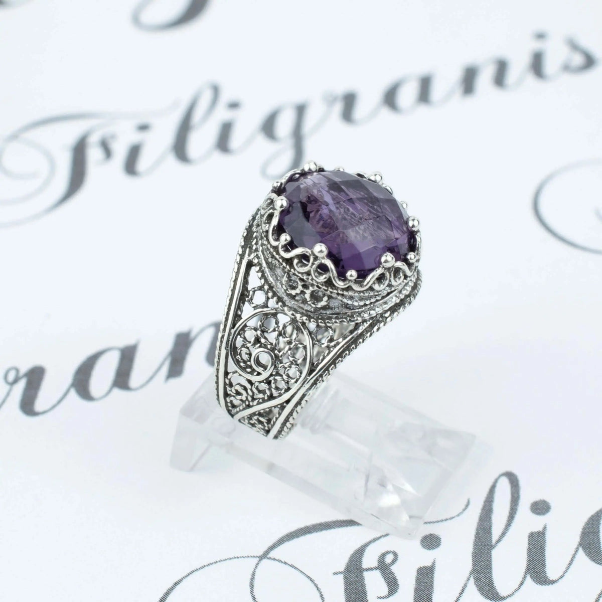 Filigree Art Amethyst Gemstone Crown Design Women Silver Statement Ring - Drakoi Marketplace