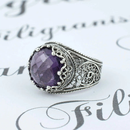 Filigree Art Amethyst Gemstone Crown Design Women Silver Statement Ring - Drakoi Marketplace