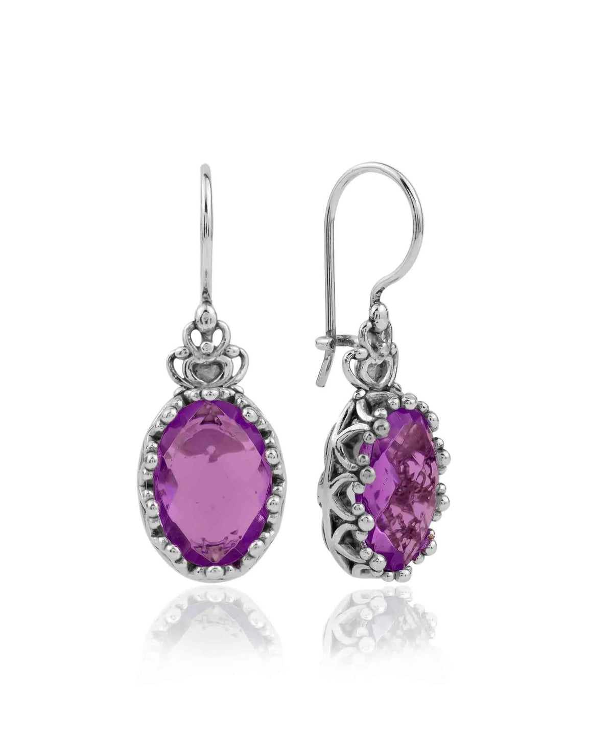 Filigree Art Amethyst Gemstone Crown Figured Women Silver Oval Drop Earrings - Drakoi Marketplace