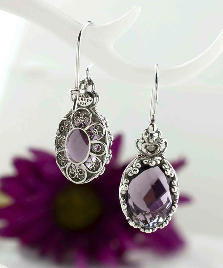 Filigree Art Amethyst Gemstone Crown Figured Women Silver Oval Drop Earrings - Drakoi Marketplace